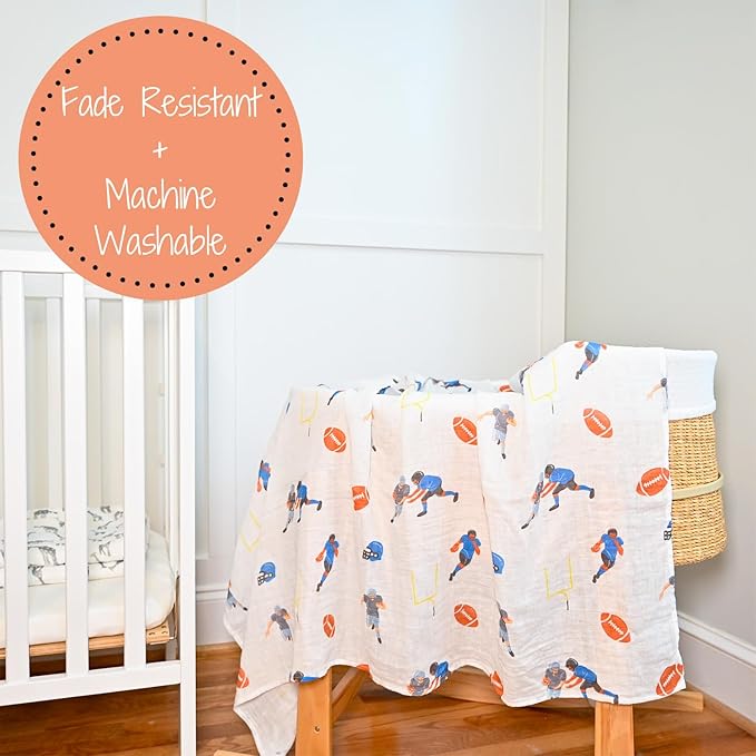 LollyBanks Swaddle Blanket 100% Muslin Cotton, 47 x 47 inches Soft Breathable Muslin Baby Swaddles for Boys, Baby Essentials, Registry and Gift (Football Print), Touchdown