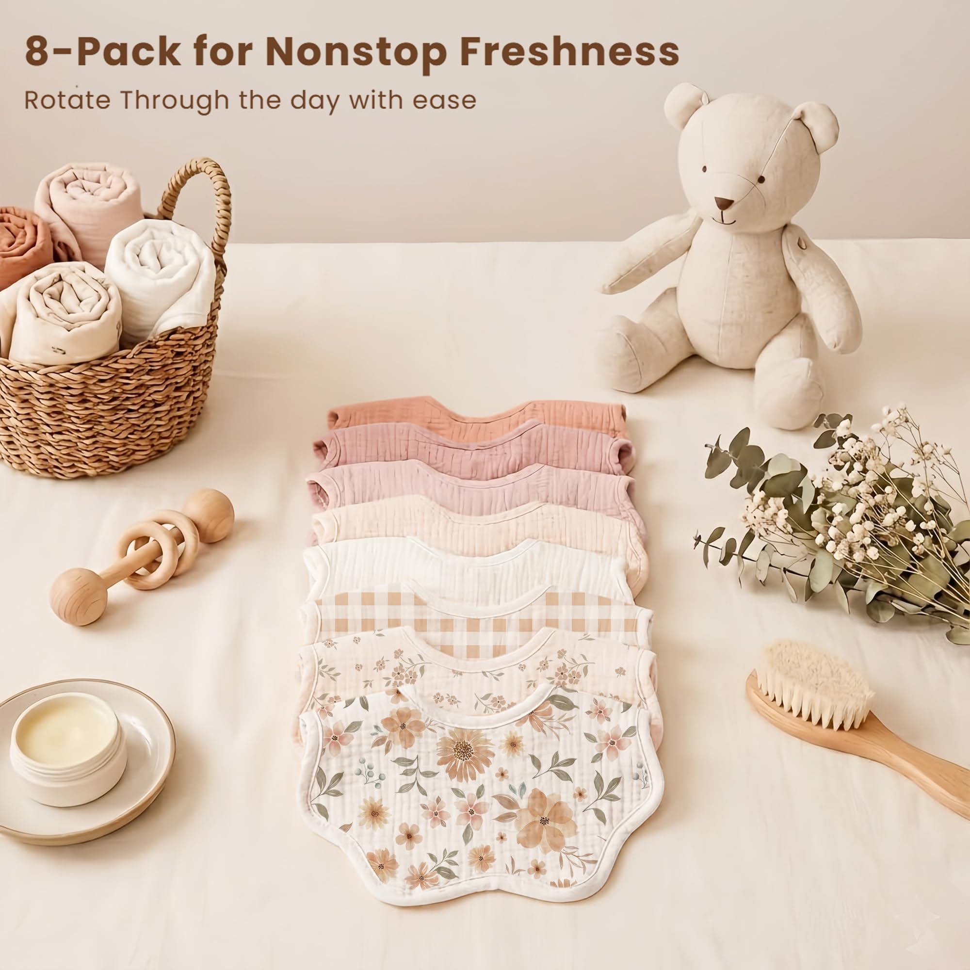 Konssy 8-Pack Muslin Baby Bibs for Teething and Drooling