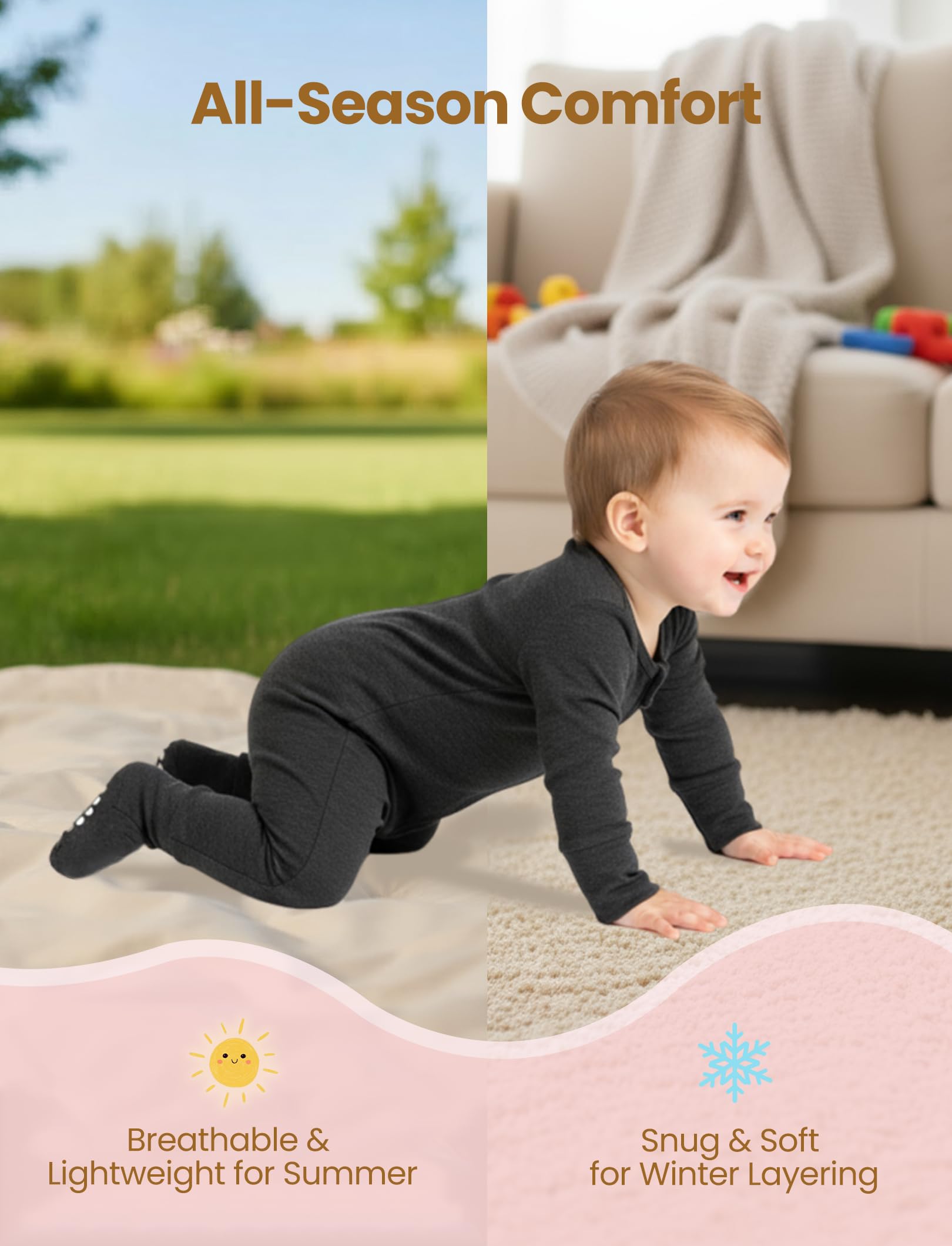 PATPAT Baby Footies Boys Girls - Bamboo Viscose - 2 Way Zipper & Non-Slip Soles Romper Mitten - Footed & Footless Infant Clothes Unisex Jumpsuit 2 Pack Raspberry/Flower/Sun 0-3 Months Beige/Pink