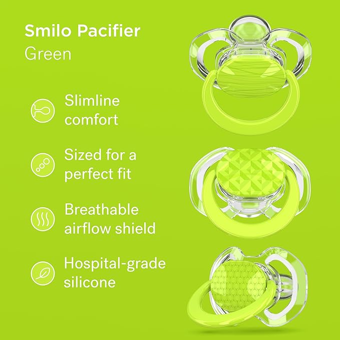 Smilo Baby Pacifier with Orthodontic Design for Healthy Dental Development - Stage 1 for Babies 0-3 Months - Pack of 3X 100% Silicone Newborn Pacifiers BPA Free - Green