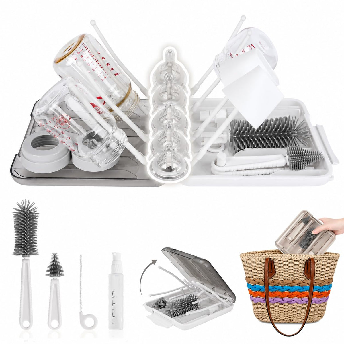 Travel Bottle Cleaner Kit, 6-in-1 Baby Bottle Brush Set with Silicone Brush