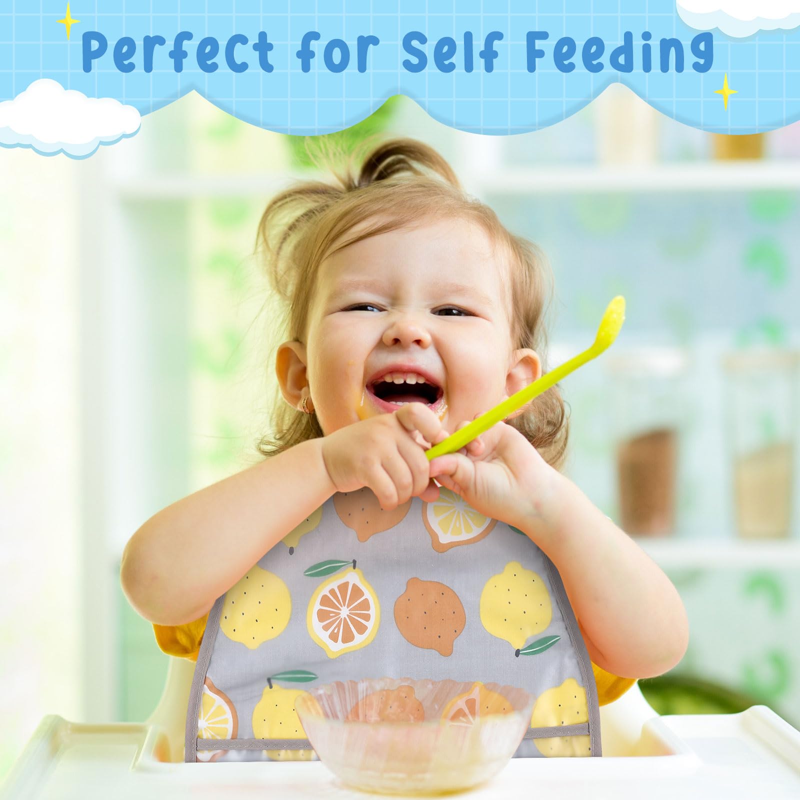 Jeyiour 12 Pcs Baby Waterproof Bibs with Food Catcher Adjustable Snaps Plastic Feeding Bibs for Toddlers, 6 to 36 Months