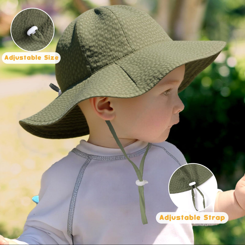 HONGTEYA Baby Sun Hat Wide Brim Adjustable Toddler Beach Bucket Hat Green