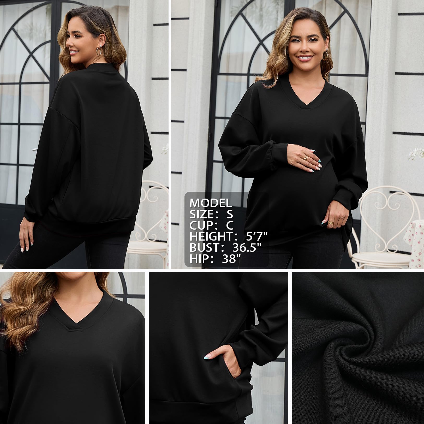 GINKANA Women's Maternity Shirts Long Sleeve Sweatshirt V Neck Pregnancy Pullover Tops Loose Fit Tunic Clothes Black,S