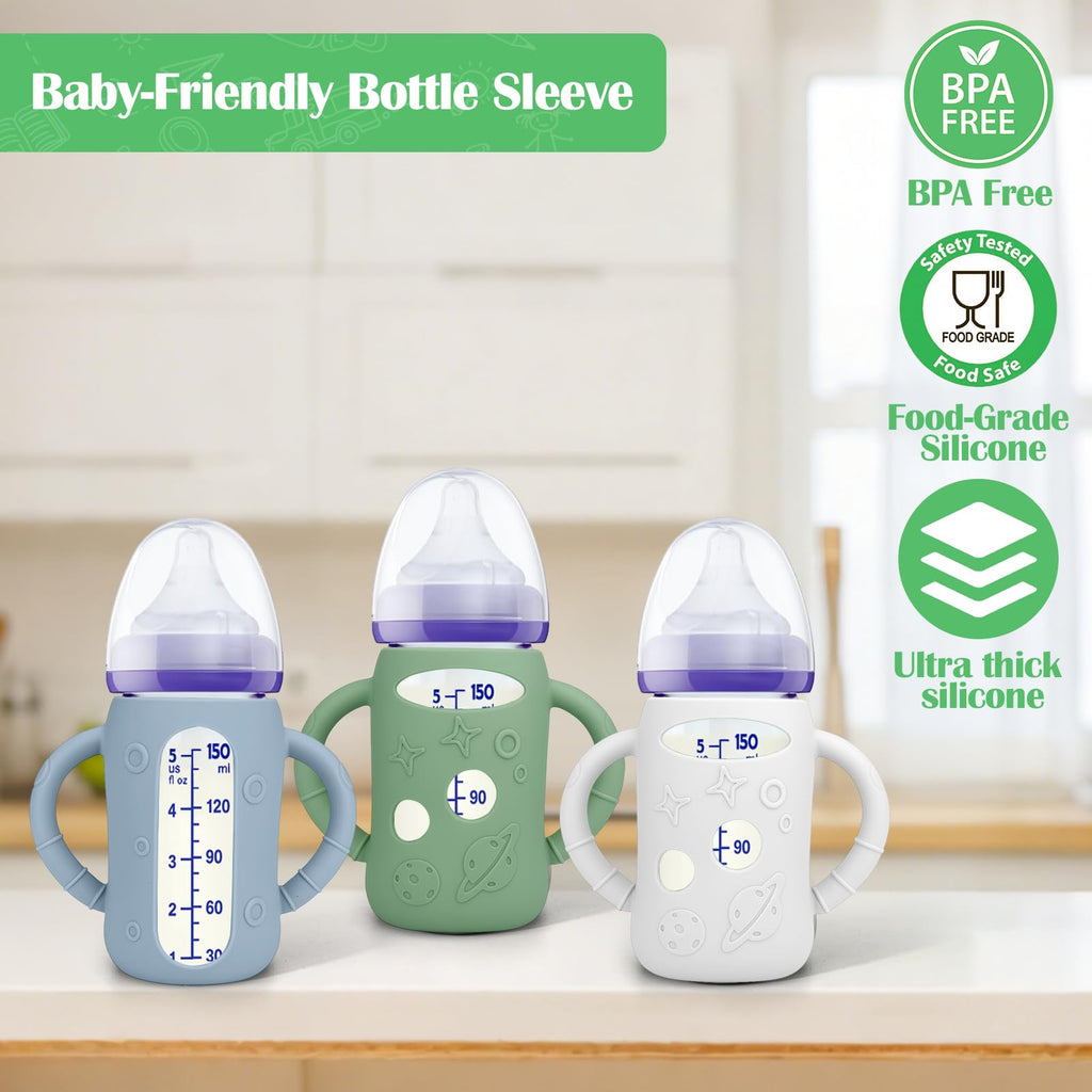 BUSOHA 3 Pack Silicone Sleeves for Lansinoh Glass Bottles - Wide Neck Baby Bottles Sleeves for Lansinoh Bottles Baby Anti-Colic Bottle Holder with Handle Anti Breakage Silicone Protector,5 oz