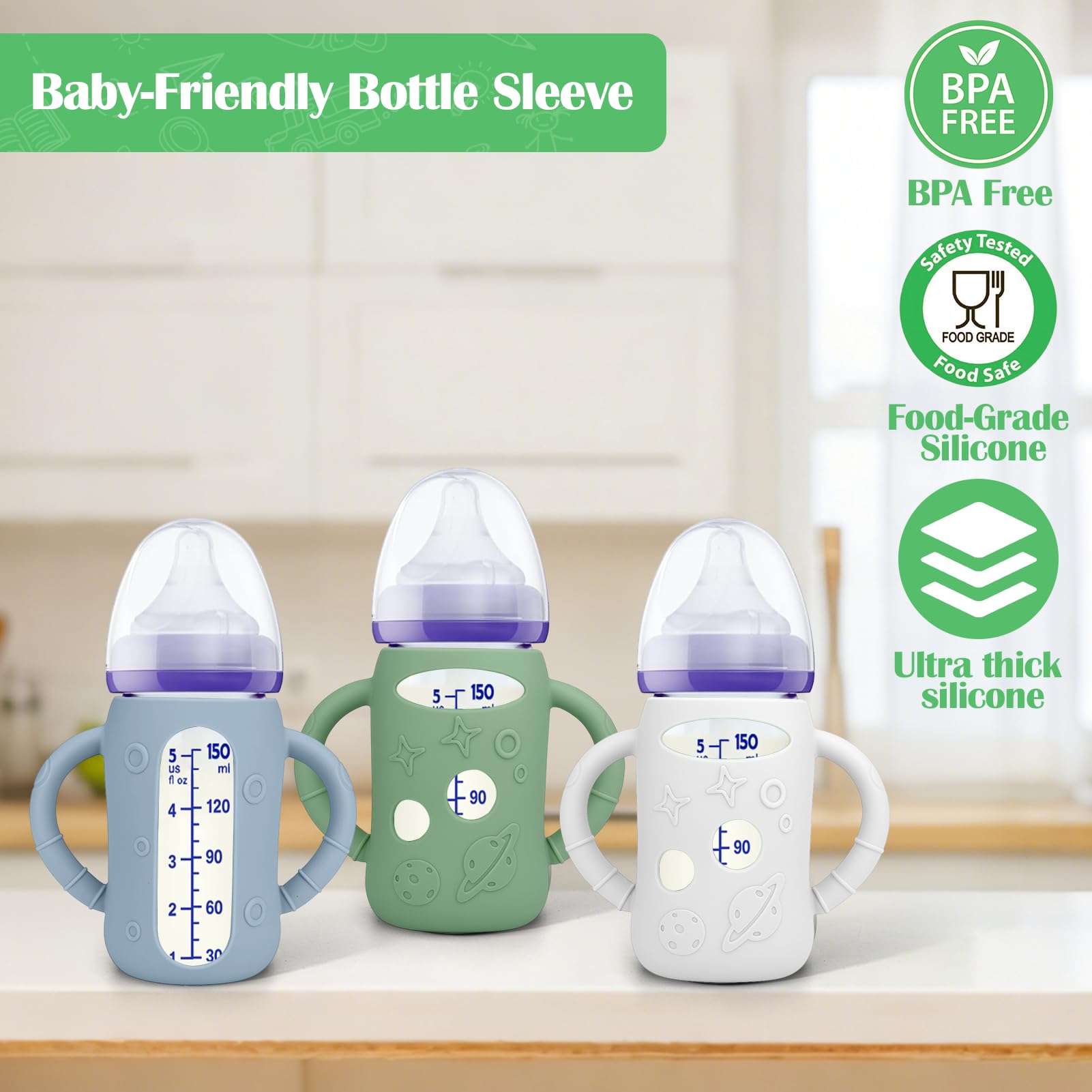BUSOHA 3 Pack Silicone Sleeves for Lansinoh Glass Bottles - Wide Neck Baby Bottles Sleeves for Lansinoh Bottles Baby Anti-Colic Bottle Holder with Handle Anti Breakage Silicone Protector,5 oz