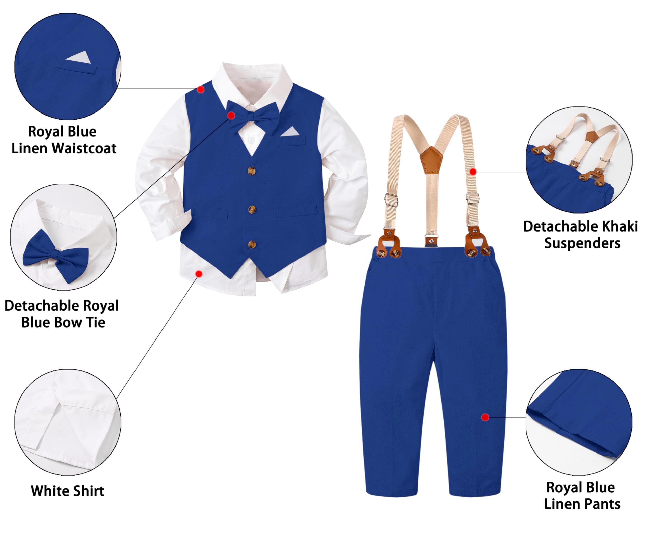 SANGTREE Boys Gentleman Wedding Outfits with Long Sleeve Floral Shirt, Bowtie, Boutonniere, Vest and Suspender Pants Sets, Linen Blue Sea, 9-12 Months = Tag 70