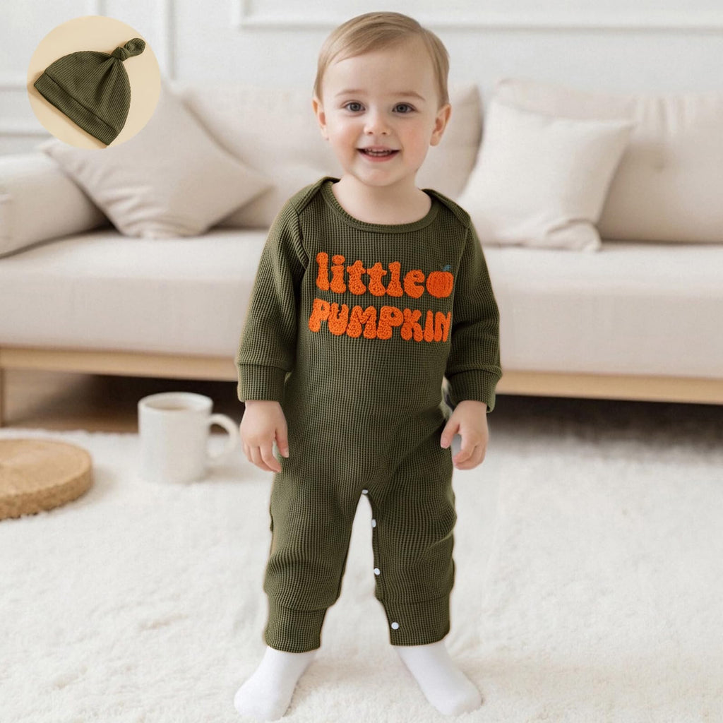 Doqcey Newborn Infant Baby Boy Halloween Outfit Little Pumpkin Embroidery Romper Waffle Knit Long Sleeve Jumpsuit with Hat (Green, 3-6 Months)