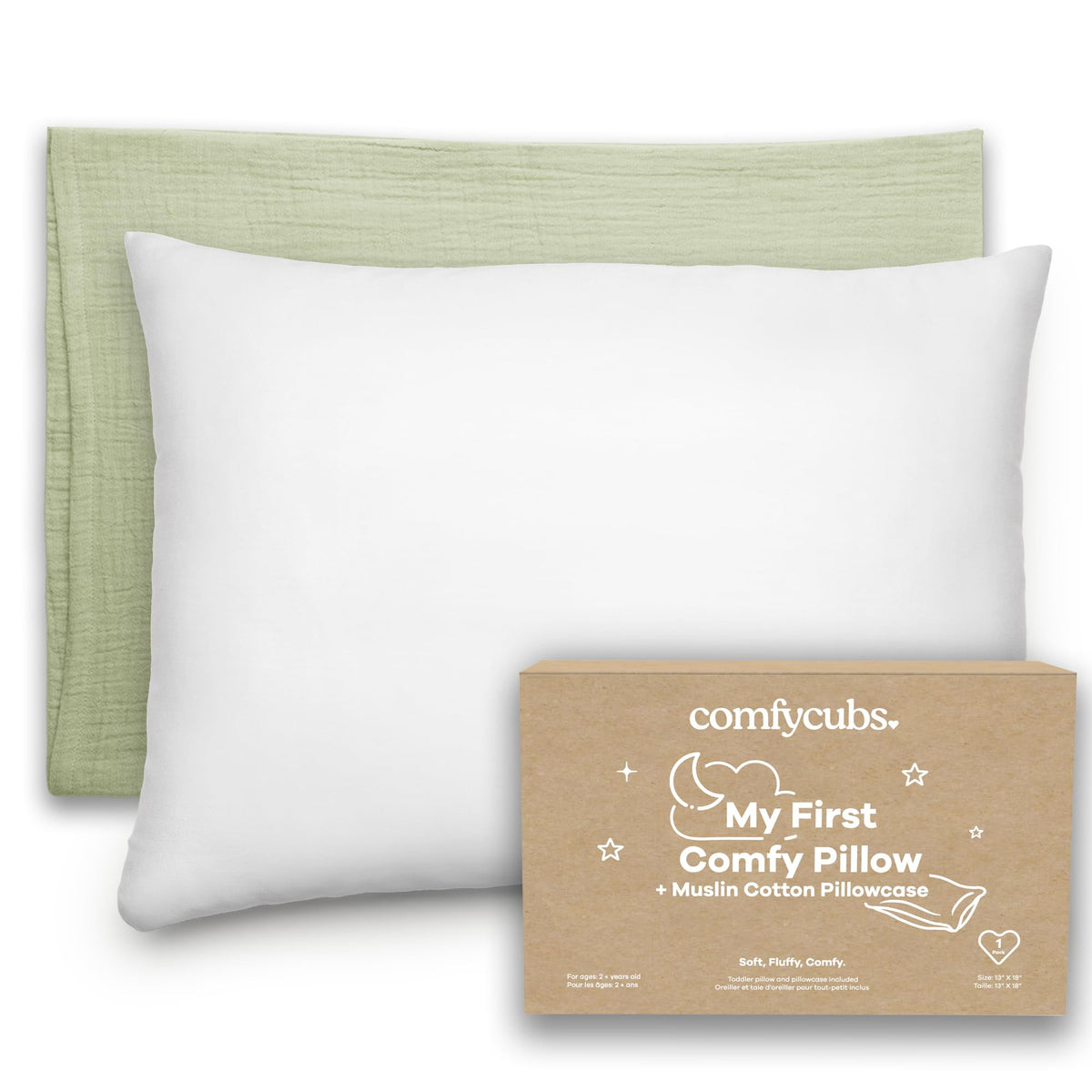 Comfy Cubs Toddler Pillow with Muslin Pillowcase, 13 x 18 in, 2 Pack - Lightweight, Breathable Microfiber Fill for Sleeping and Travel - Soft and Cozy Small Pillow for Toddlers - Sage