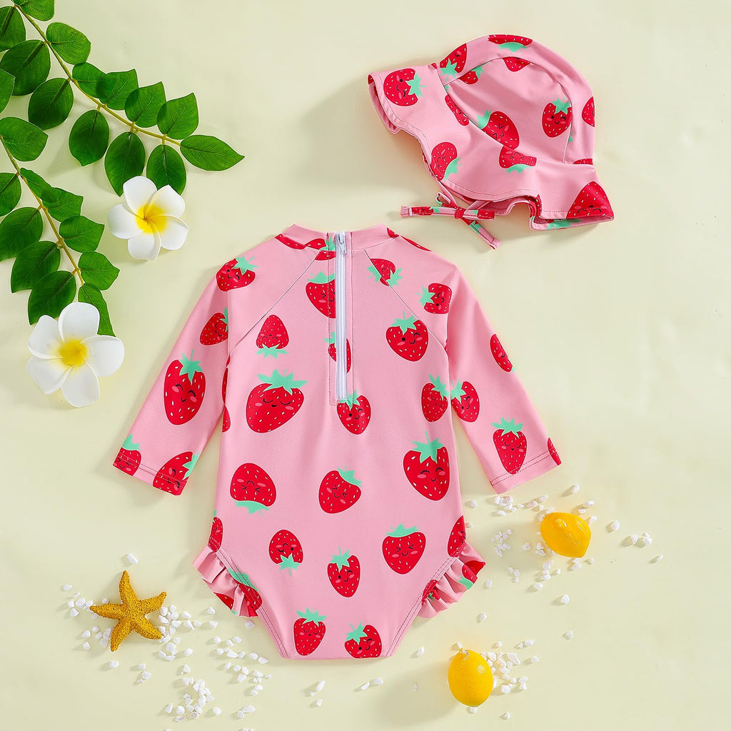 WOLBAY Baby Girl Swimsuit Long Sleeve One Piece Rash Guard with Sun Hat Zipper Bathing Suit Size 0-2T (US, Age, 18 Months, 24 Months, Strawberry)