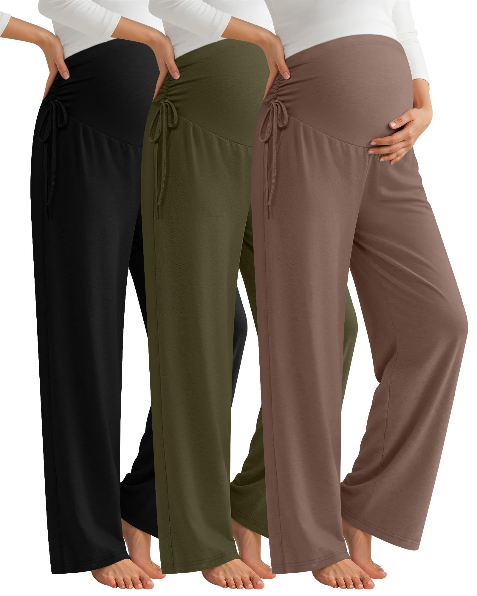 Neer 3 Pack Women's Maternity Lounge Pants,Coffee, Olive Green, Black,Large