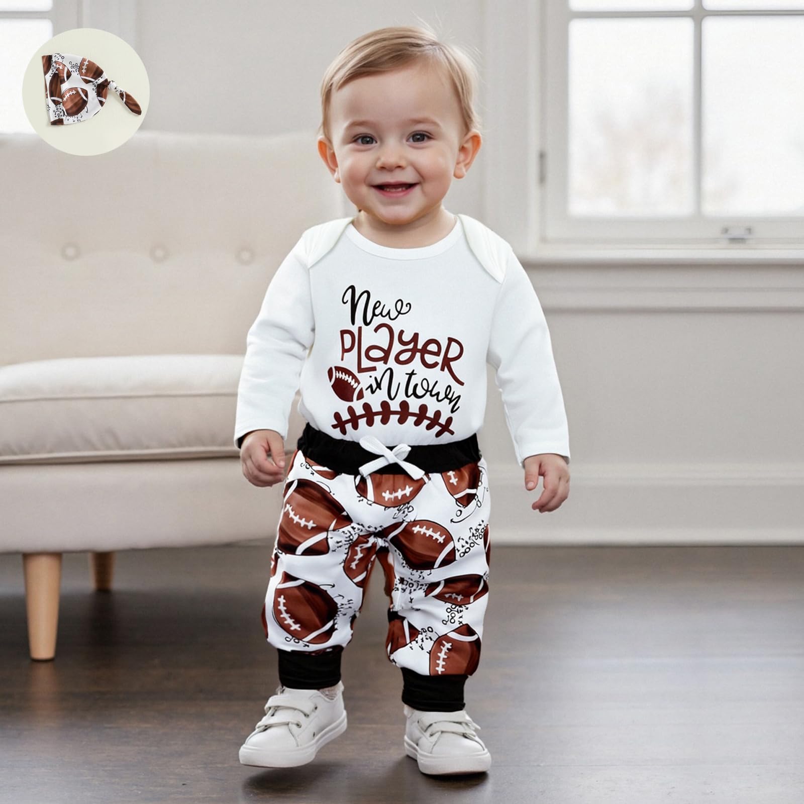 Doqcey Newborn Baby Boy Football Clothes New Player in Town Long Sleeve Romper Long Pants Hat Set Fall Coming Home Outfit (White-A, 3-6 Months)