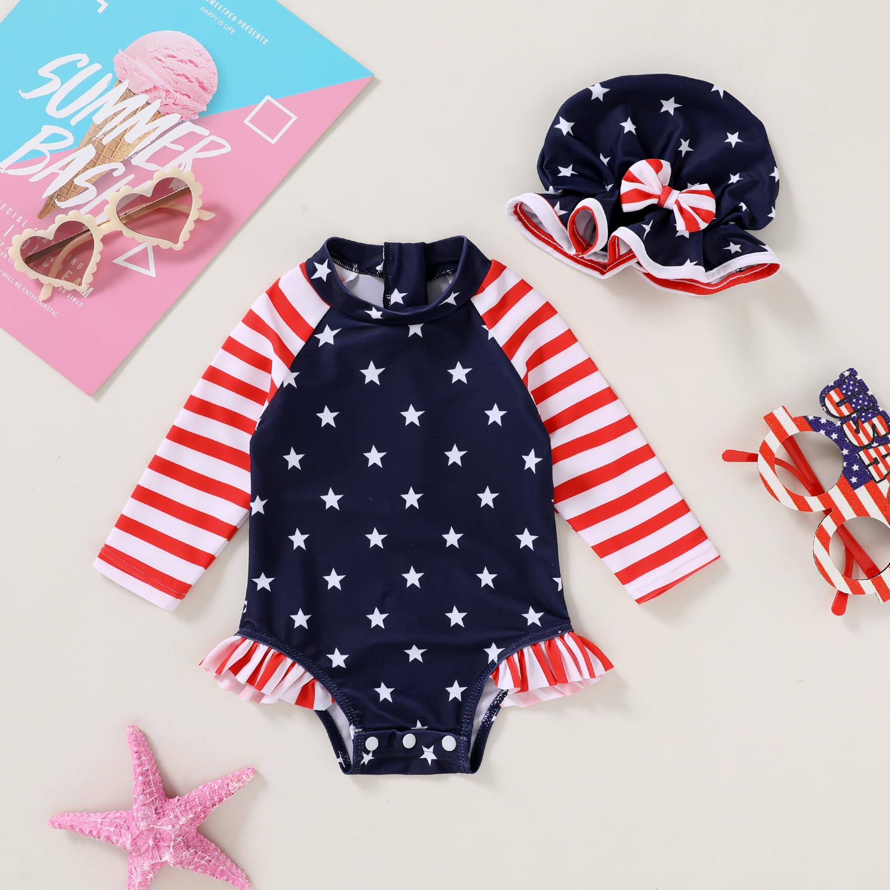 Infant Baby Girl Swimsuit One-Piece Long Sleeve Rash Guard with Hat Set Floral Zipper Bathing Suit Leopard Beach Wear(Independence Day,6-12 Months)