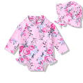 Infant Baby Girl Swimsuit One-Piece Long Sleeve Rash Guard with Hat Set Floral Zipper Bathing Suit Leopard Beach Wear(0-3 Months, Flower#4)