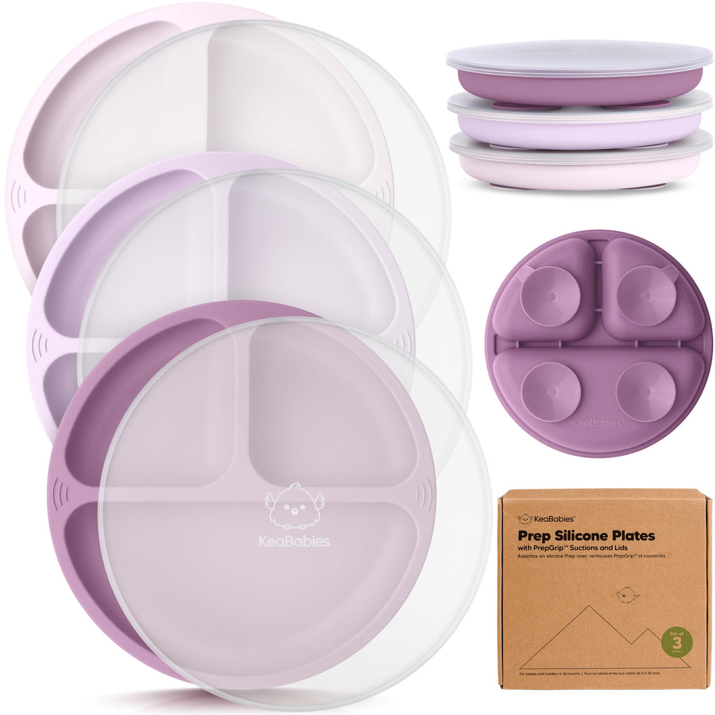 KeaBabies Suction Plates with Lids for Baby, 3pk 100% Silicone (Amethyst)