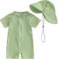 Toddler Baby Boys Seersucker Short Sleeve One Piece Rash Guard Swimsuit Zipper Bathing Suit Swimwear with Hat