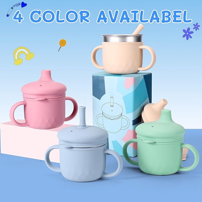 BUSOHA Stainless Steel Sippy Cups - 3 IN 1 Silicone Sippy Cup for Toddlers Baby Straw Cup with Brush Kids Cups with Lid and Silicon Straw Anti-Drop Spill Proof Cups for Travel,8 oz, Blue