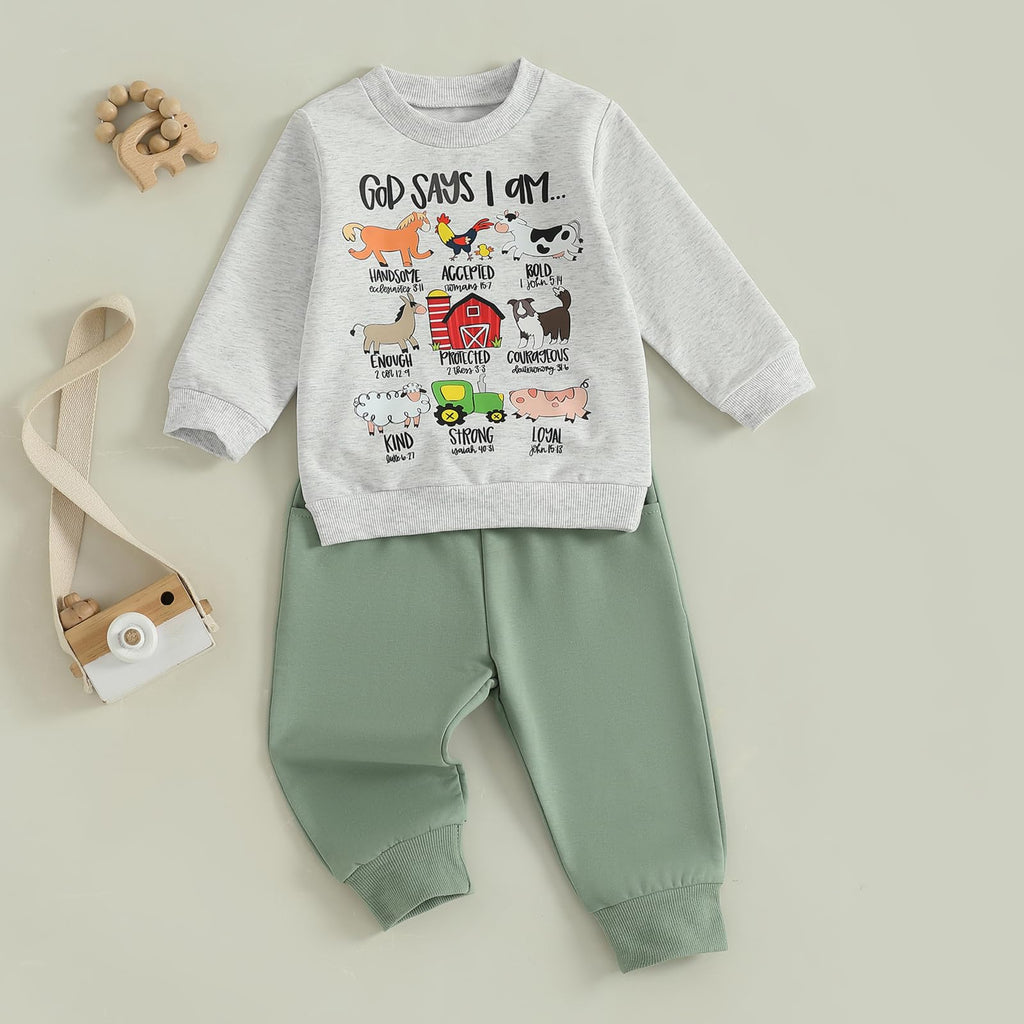 Nyapruwe Toddler Baby Boys Fall Winter Outfits Funny Print Top Pants Set (Green G-animals, 18-24 Months)