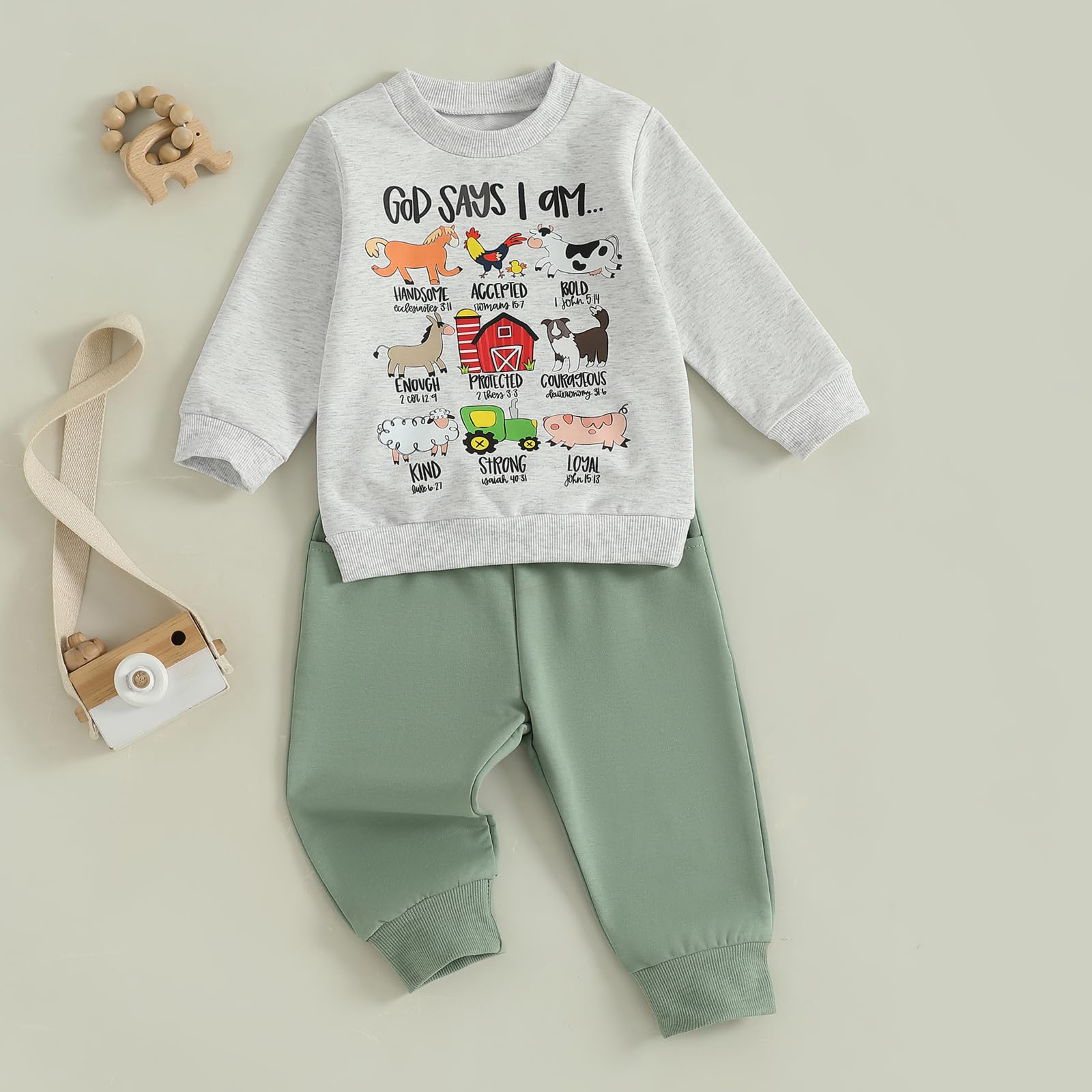 Nyapruwe Toddler Baby Boys Fall Winter Outfits Funny Print Top Pants Set (Green G-animals, 18-24 Months)
