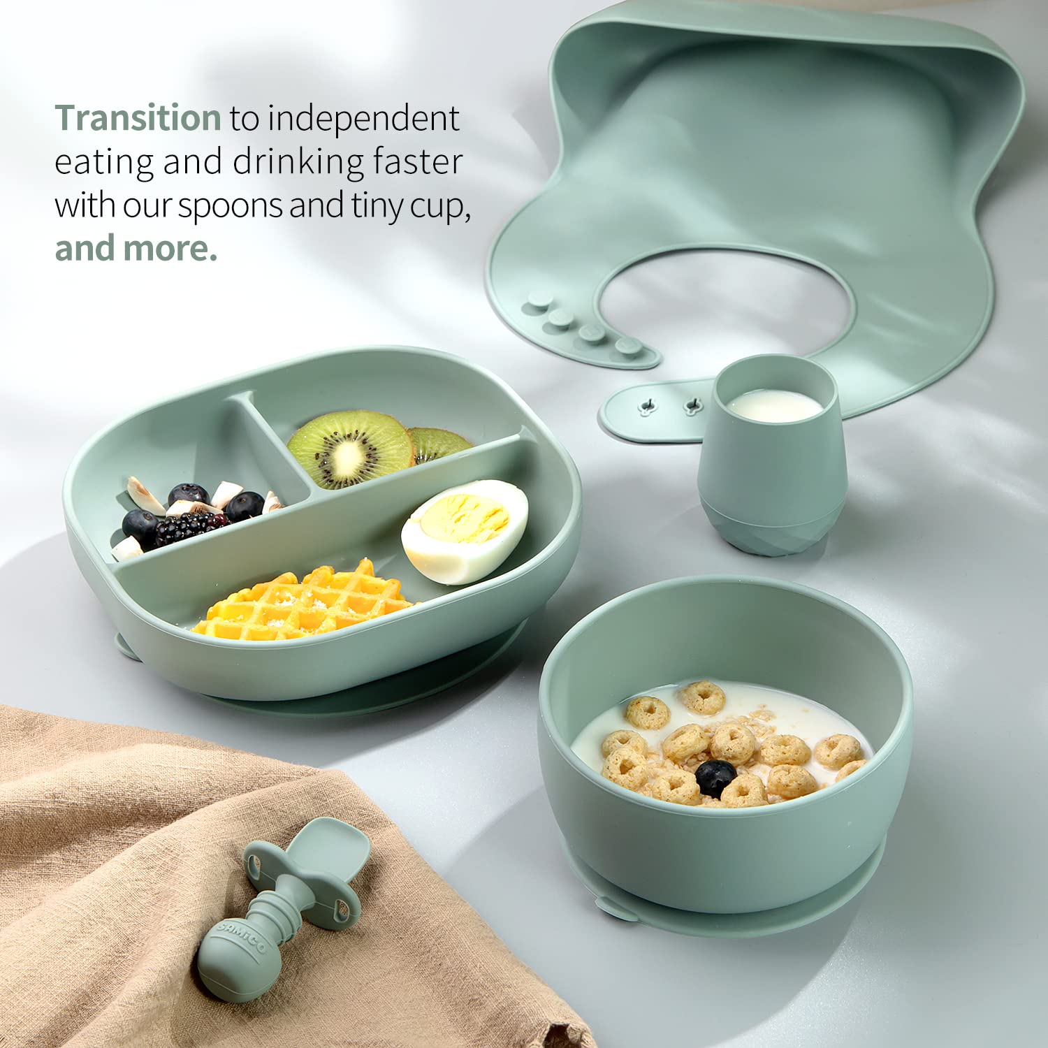 SAMiGO Silicone Baby Open Cup and Self Feeding Spoons Set, 6+ Months, 3 Pcs
