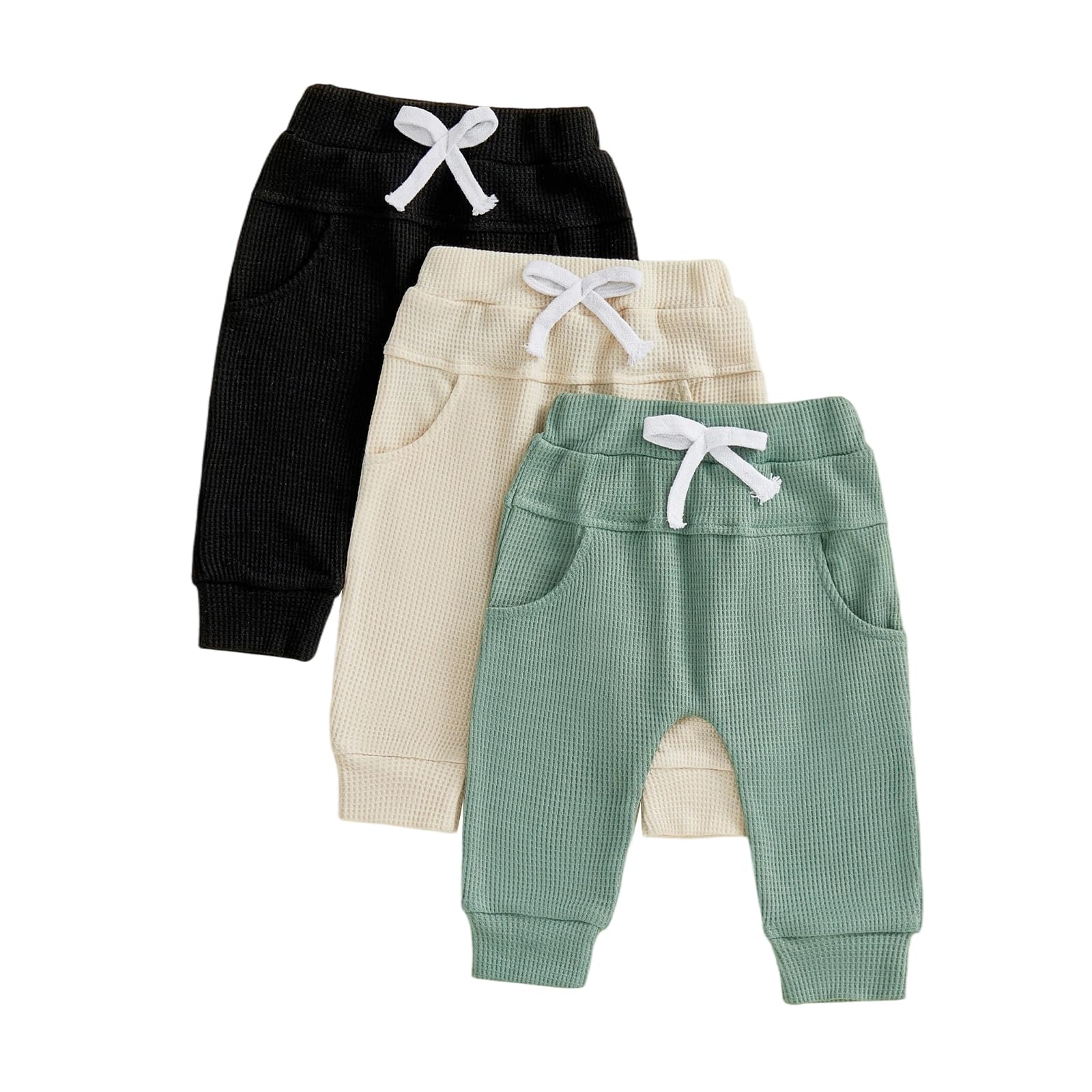 Sejardin Toddler Baby Boy Girl Pants 3 Pack Solid Color Elastic Waist Jogger Sweatpants Newborn Infant Casual Bottoms (Waffle Black Apricot Green, 6-12 Months)