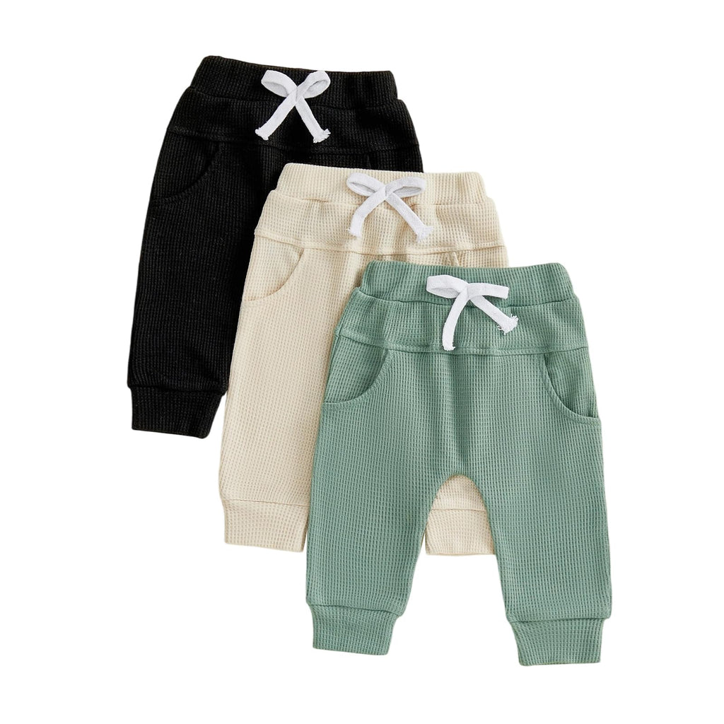 Sejardin Toddler Baby Boy Girl Pants 3 Pack Solid Color Elastic Waist Jogger Sweatpants Newborn Infant Casual Bottoms (Waffle Black Apricot Green, 0-6 Months)