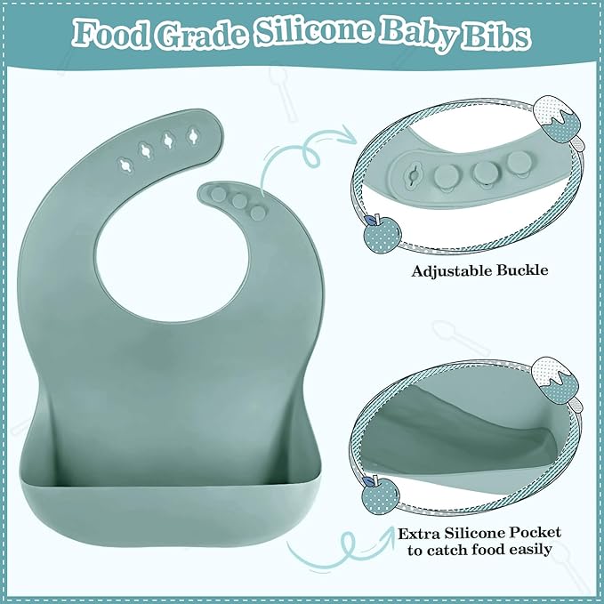 Silicone Baby Feeding Set 10 Pcs Baby Led Weaning Supplies Suction Bowl Divided Plate Baby Bibs Fruit feeder Pacifier Baby Spoons Forks Sippy Cup Utensil Sets Baby Essentials for Newborn Grey Blue