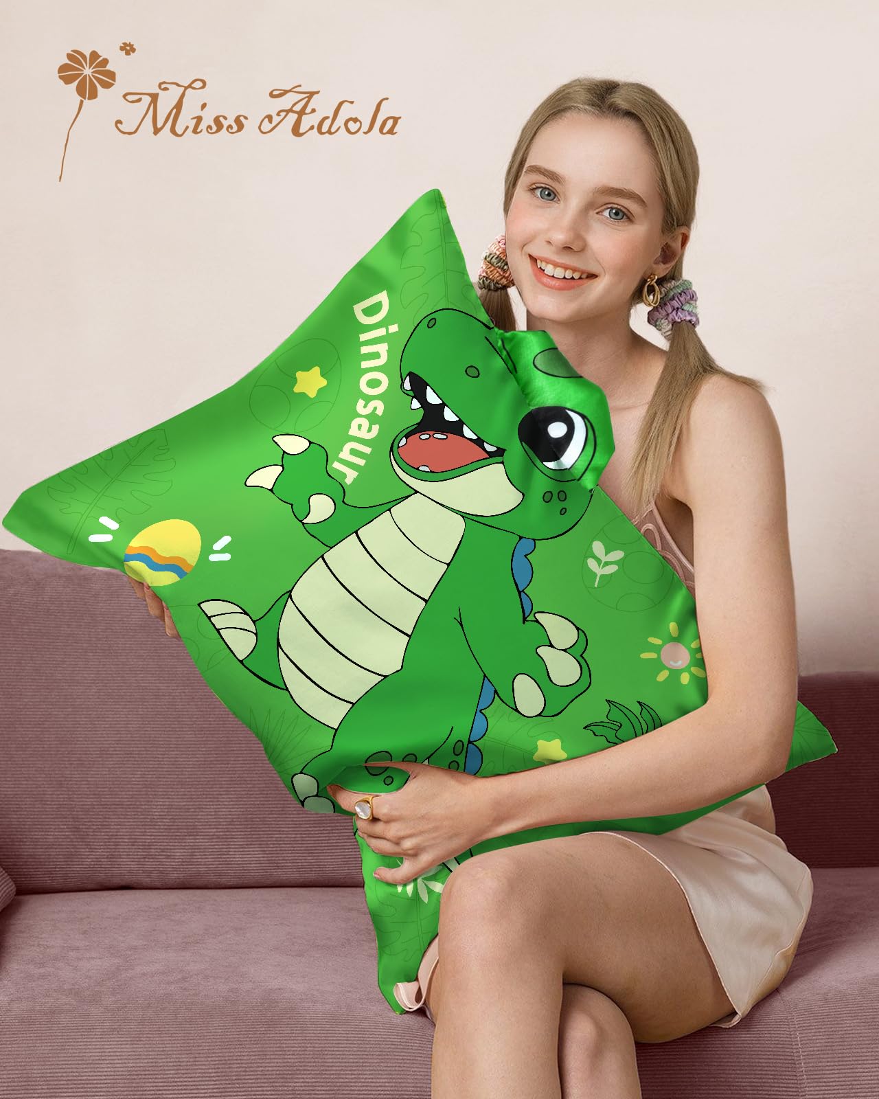 Miss Adola Kids Pillowcases Standard Size 20"x26" - Cute Cartoon Soft Breathable Silk Pillow Cases for Hair and Skin with Hidden Zipper for Fun Kawaii Design for Bedding, Green Dnosaur