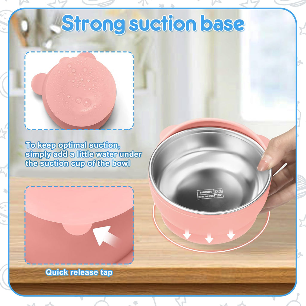 Wesketch 2 Pack Stainless Steel Baby Bowls with Removable Non-Slip Silicone Suction Shell, Anti Scald Food Container for Baby Food Feeding, Forks + Spoons Included-Blue & Pink