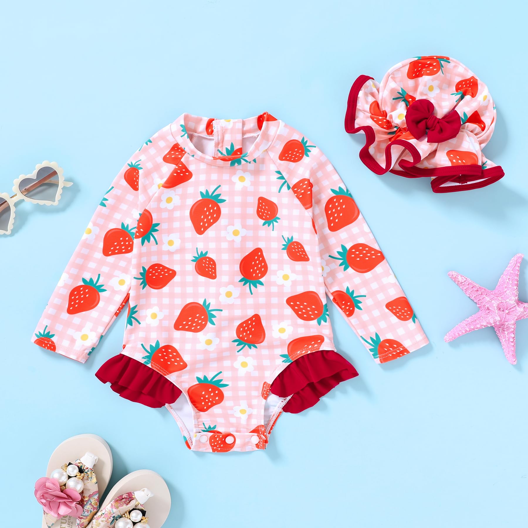 Infant Baby Girl Swimsuit One-Piece Long Sleeve Rash Guard with Hat Set Floral Zipper Bathing Suit Leopard Beach Wear(Pink#Strawberry 12-18 Months)