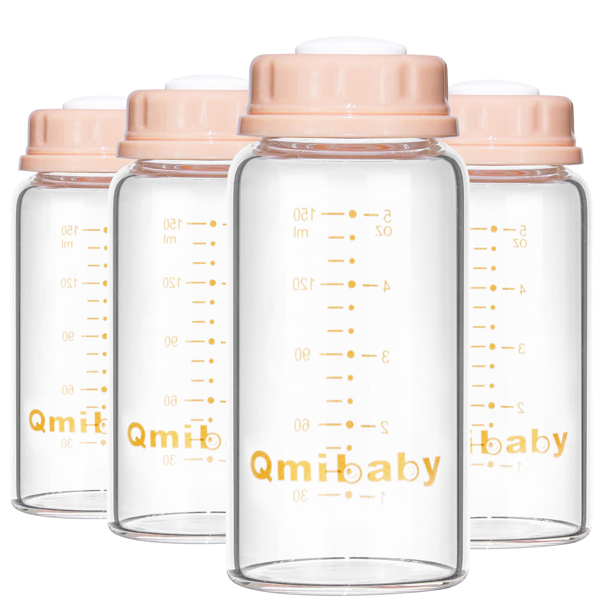 Qmibaby Baby Bottles, Wide Neck Bpa Free Breast Milk Container 6oz Screw Ring Sealing Disk Re-Markable Sealing Disc Fits Breast Pumps & Nipples Collection Bottles for Fridge (2 Gray Lids)