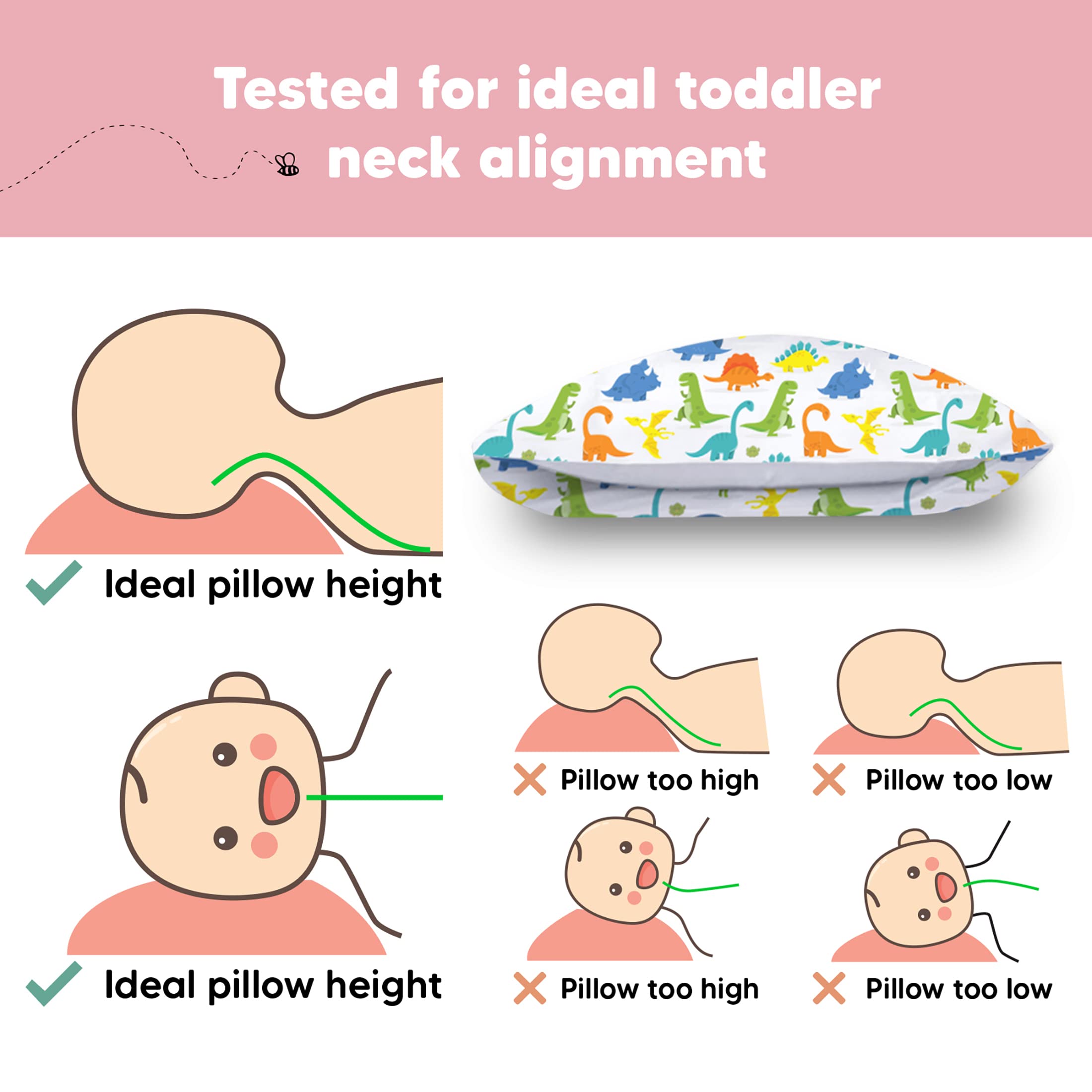 Toddler Pillow with Pillowcase, 13x18 My Little Dreamy Pillow (Happy Dino)