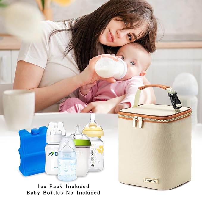 Breastmilk Cooler Bag with Ice Pack Fits 4 Baby Bottles Up to 9 Ounce, Baby Bottle Bag Great for Nursing Mom Daycare