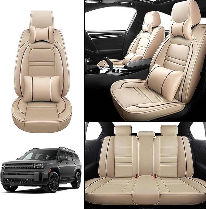 Car Seat Covers for Hyundai Car Santa fe 2001-2025 | 5-Seats Seat Covers, Waterproof Seat Protectors, Automotive Seat Covers (Full Set with Pillow,Beige)