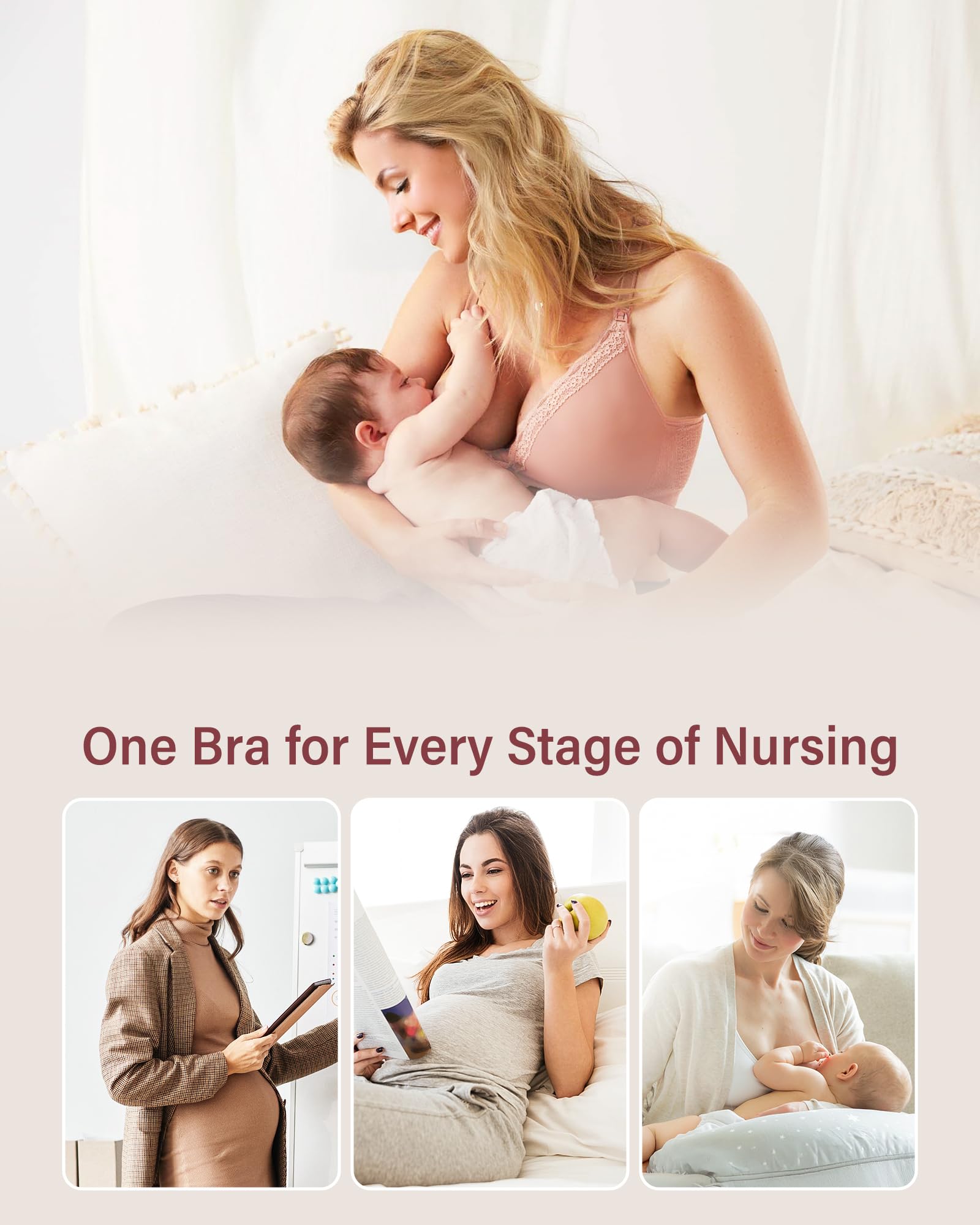Stelle Lace Nursing Bras for Breastfeeding Seamless Pregnancy Maternity Wireless Bralette with Pads, Extenders(Gray+Beige,S)