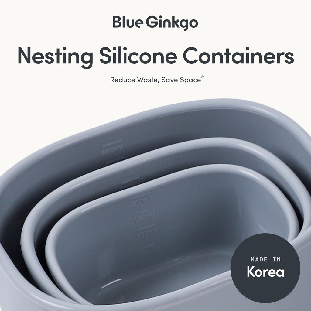 BLUE GINKGO Nesting Silicone Containers - Set of 3 Hard-Shell Silicone Food Storage Containers | BPA Free, Airtight, Dishwasher and Freezer Safe (6.7oz, 10oz, 20oz) - Grey