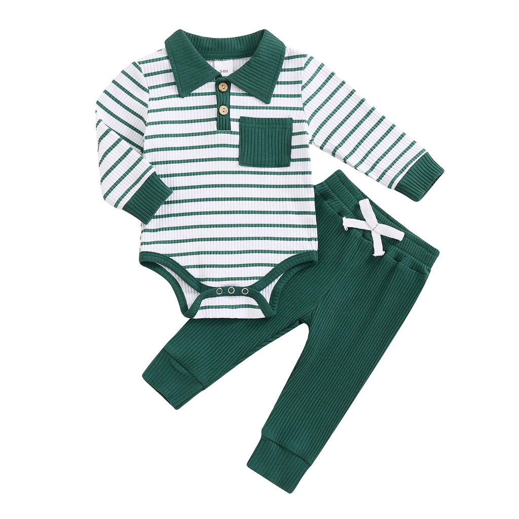 Newborn Baby Boy Girl Clothes Ribbed Knitted Long Sleeve Romper Pants Solid Cotton Infant Fall Winter Outfits 2Pcs (Striped Blue, 18-24 Months)