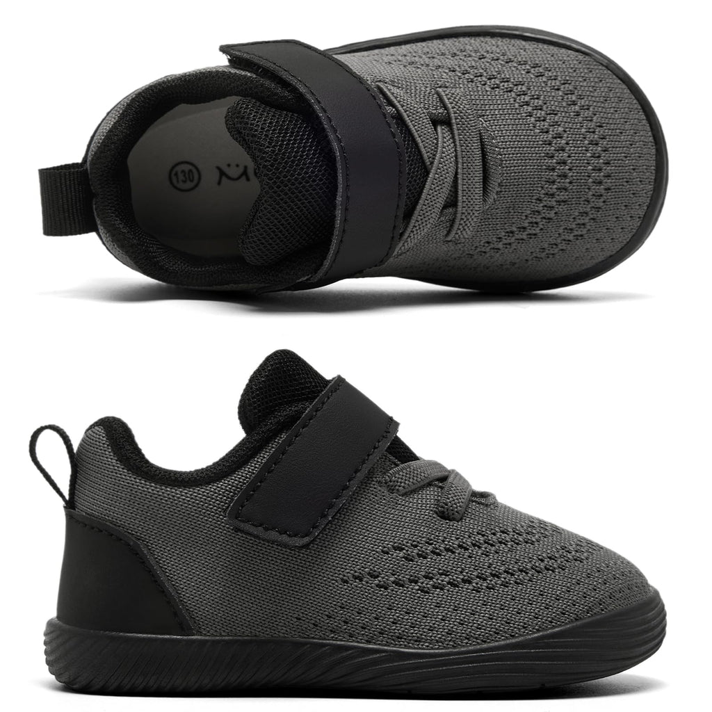 MORENDL Toddler Sneakers Baby Boys & Girls Barefoot Shoes Lightweight Breathable Walking Running Tennis Athletic Sport Shoes Dark Grey 9-12 Months Size 4.5