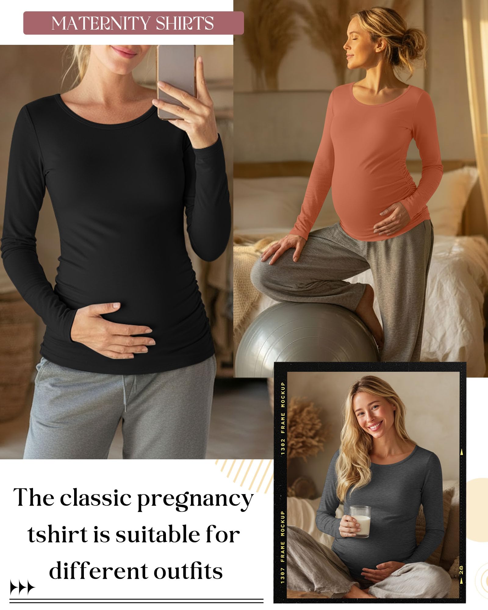 Ficerd 3 Pack Women's Maternity Long Sleeve Shirts, 3-Color Set, XX-Large