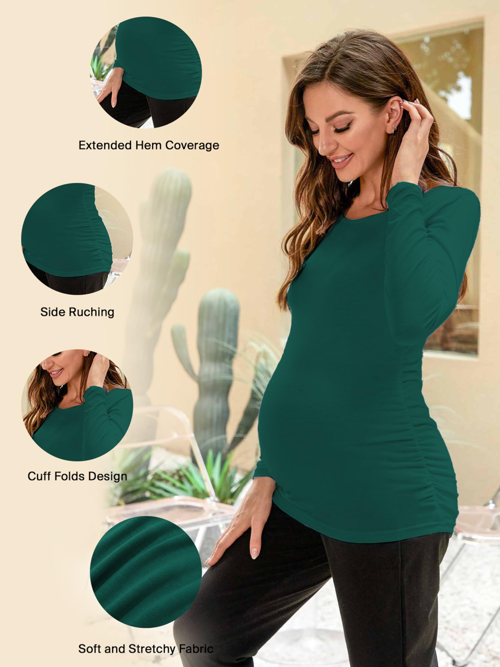Ecavus Women's 3-Pack Maternity Shirts Long Sleeve Soft Stretchy Pregnancy Tops Side Ruched Casual Mama Clothes
