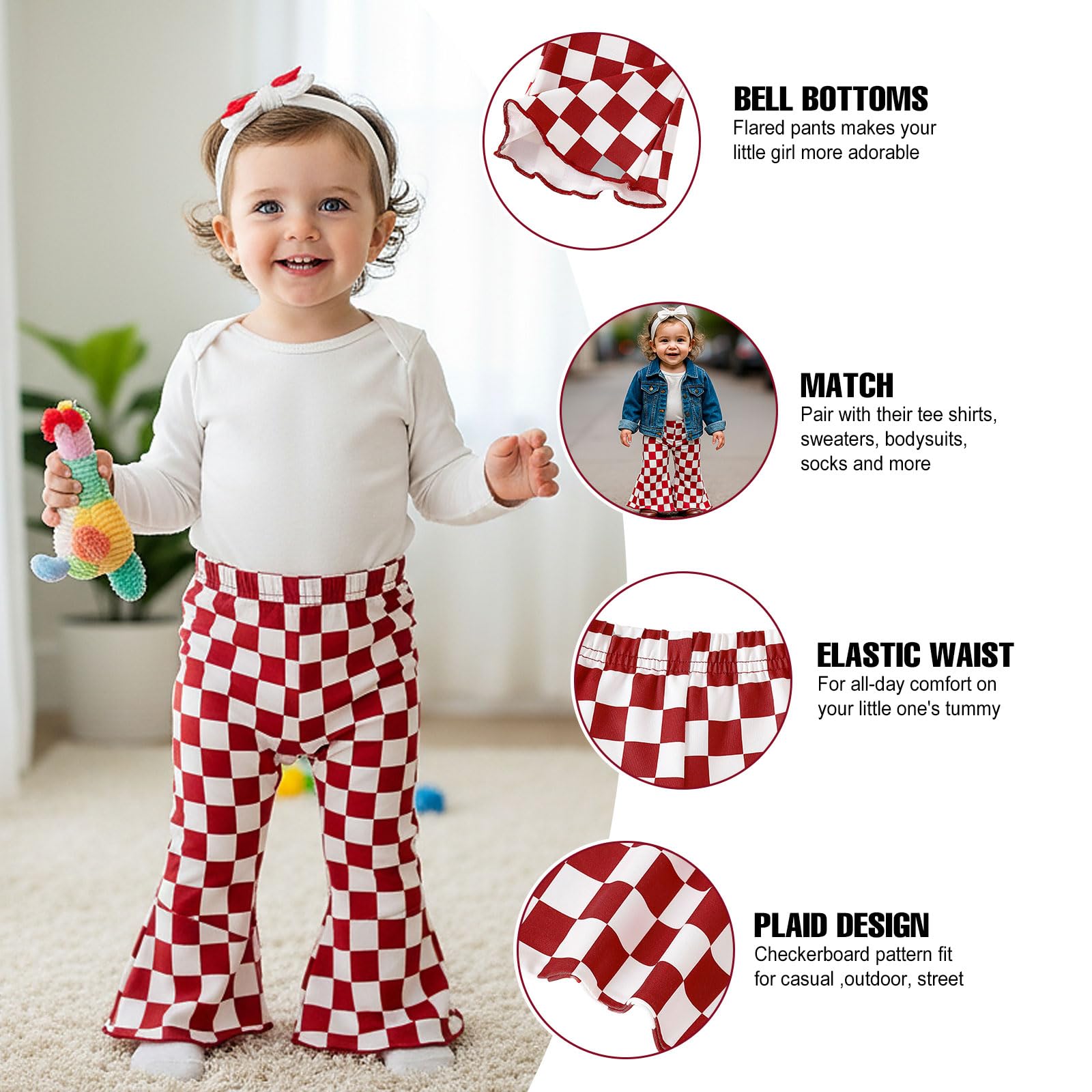 SOBOWO Checkered Baby Girl Flare Pants 3 Pack Toddler Bell Bottoms Plaid Ruffle Leggings Pants Fall Winter Outfits Size 6M-4T(6-9 Months, Black&White Plaid/Red/Red&White Plaid)