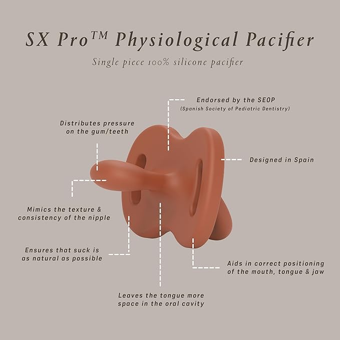 Color Essence SX PRO Silicone Baby Pacifier 2Pk, Made with 100% Soft Silicone, Baby Essentials Perfect for Breastfeeding Babies, Designed in Spain, 6-18 Mths, Orange/Green
