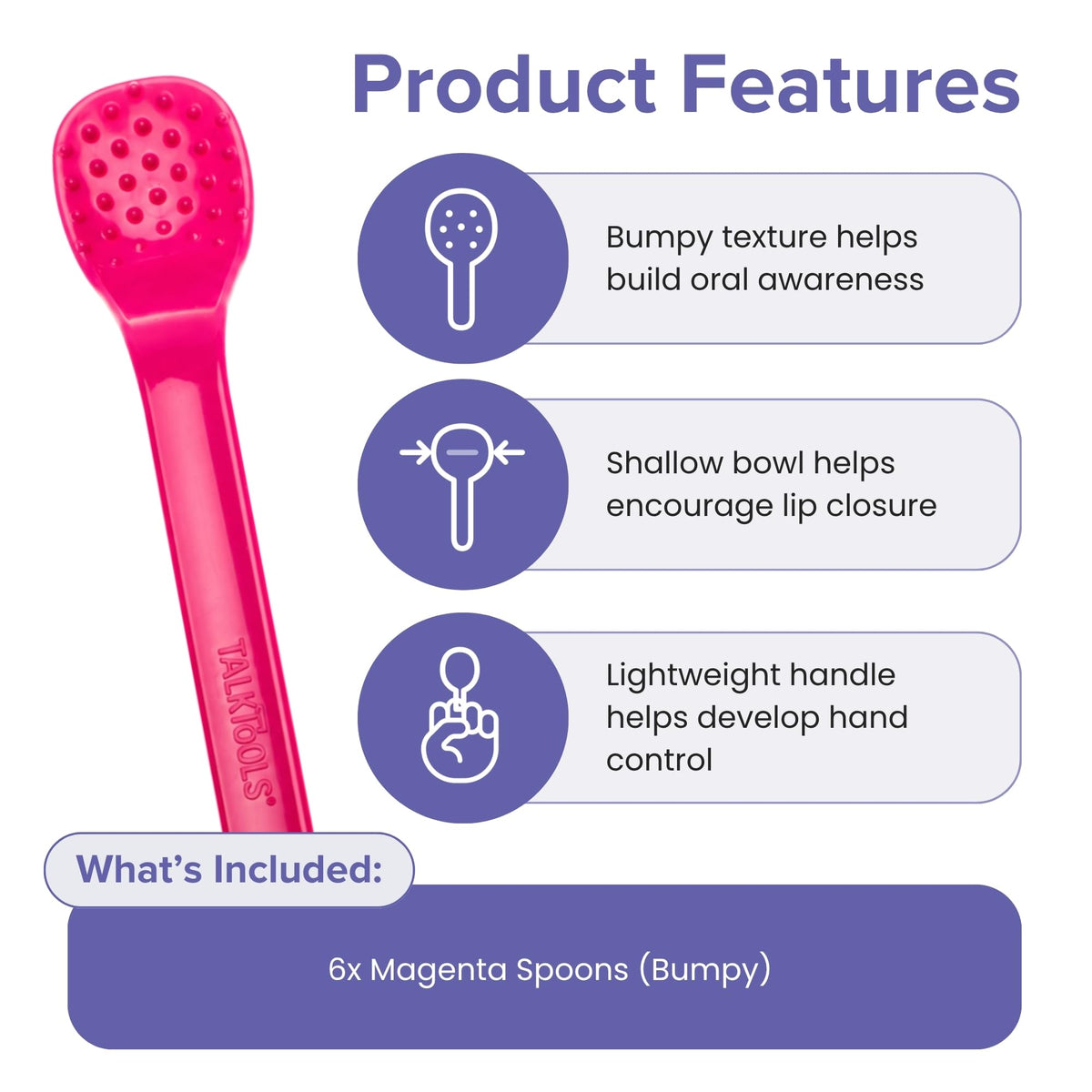 TalkTools Bumpy Spoons - Self-Feeding Oral Motor Therapy for Lip Closure & Oral Awareness, Kids, Toddlers & Adults, Sensory Feeding Aid | Magenta, 6-Pack