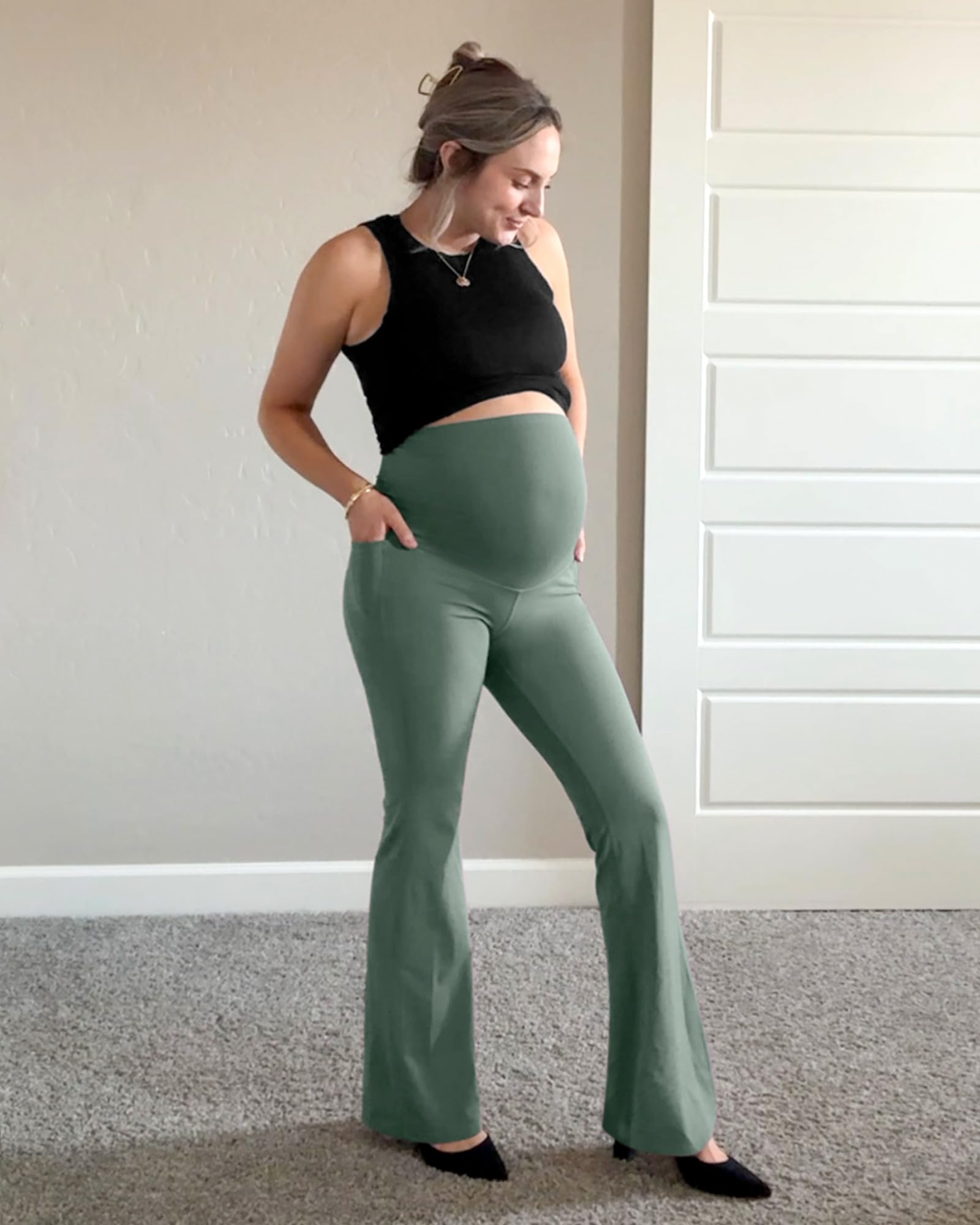 G4Free Maternity Clothes Flare Legging Over the Belly,Gray Sage,M,Regular