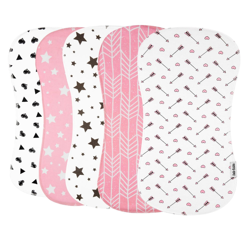 Dodo Babies 5-Pack Baby Burp Cloths - Soft & Absorbent Baby Spitup Cloths - Contoured Shape for Infant Essentials - Includes Pacifier Clips & Pacifier Case - 19 x 9 in, 2 Clips & Case, Pink/White/Grey