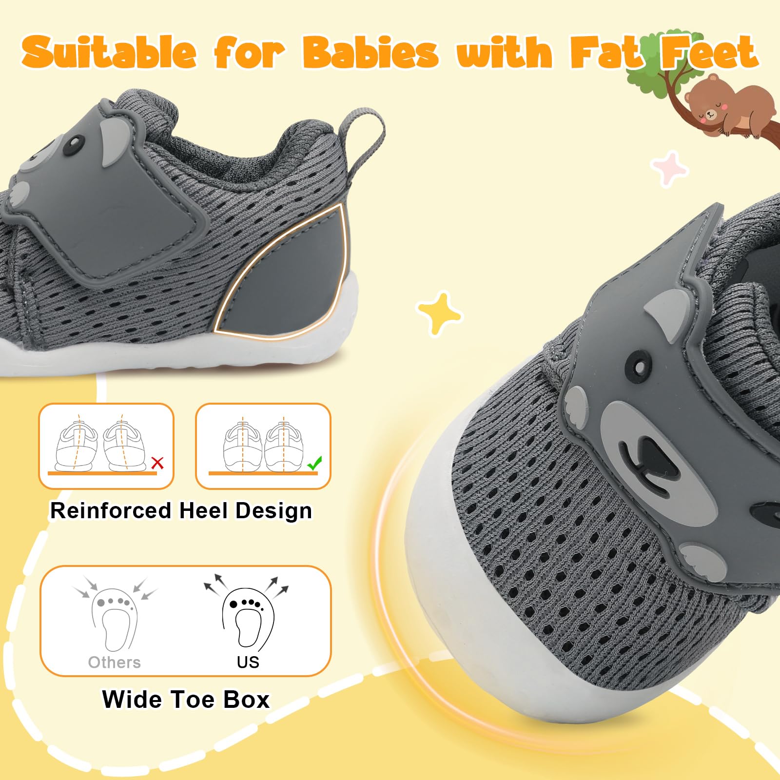 FEETCITY Baby Boys Girls Shoes First Walker Shoes Wide Infant Shoe Baby Sneakers Breathable Bear Toddler Barefoot Shoe 12-18 Months