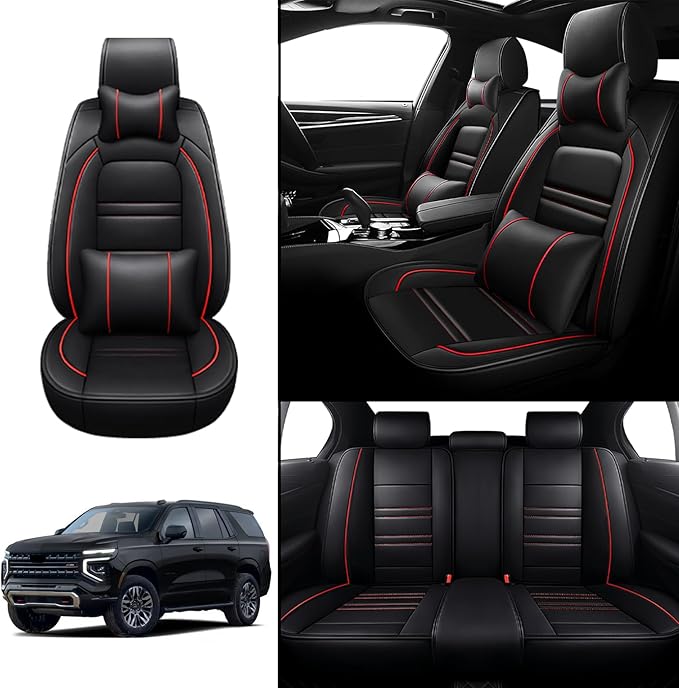 Car Seat Covers for Tahoe 1995-2025 | 5-Seats Seat Covers, Waterproof Seat Protectors, Automotive Seat Covers (Full Set with Pillow,Black&Red Line)