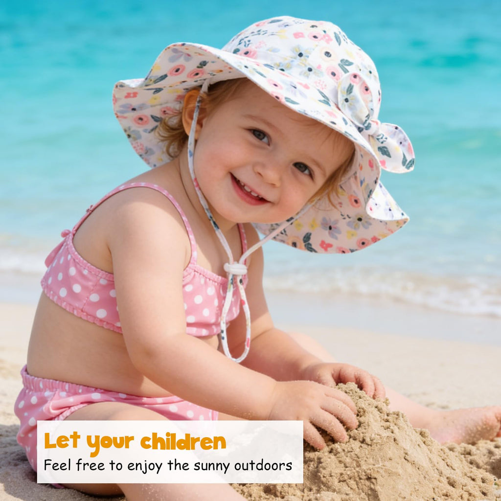 Baby Girl Sun Hat with UPF 50+ Outdoor Adjustable Beach Hat with Wide Brim Bucket Hats (6-12 Months, Pink-Blue Printing)