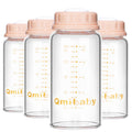 Qmibaby Baby Bottles,Wide Neck BPA Free Breast Milk Container 5oz Screw Ring Sealing Disk Re-markable Sealing Disc Fits Breast Pumps & Nipples Collection Bottles for Fridge(4 Pink Lids)
