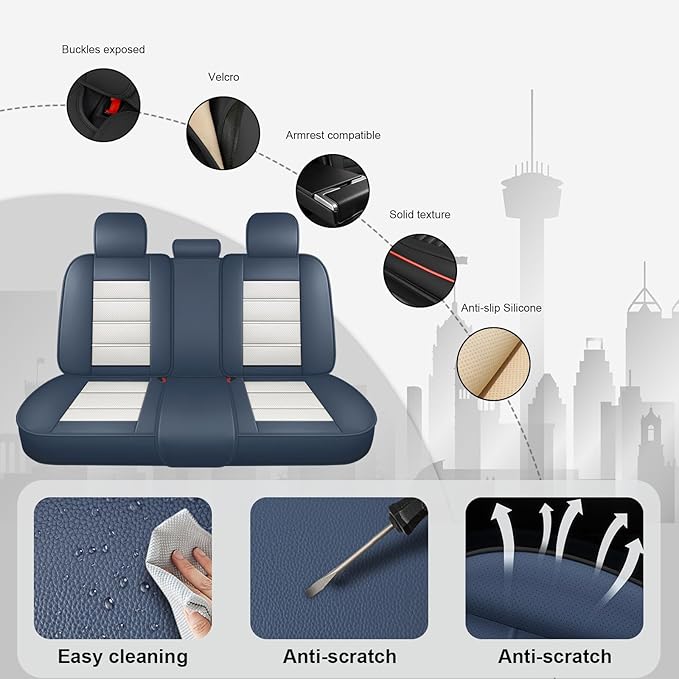 JOJ Car Seat Cover Fit for Toyota Highlander 2001-2025,7 Seat Car Seat Cover,No-Slip Waterproof Breathable Faux Leather Automotive Seat Covers Auto Interior Covers,Full Set,Cream Blue
